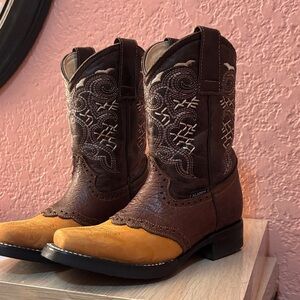 Kids Brown and Tan Embroidered Boots